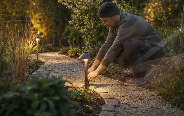 Person richtet eine niedrige warm leuchtende Gartenlampe am Kiesweg aus; Thema Bosch Indego, Schwerpunkt Systemvergleich; Umsetzung.
