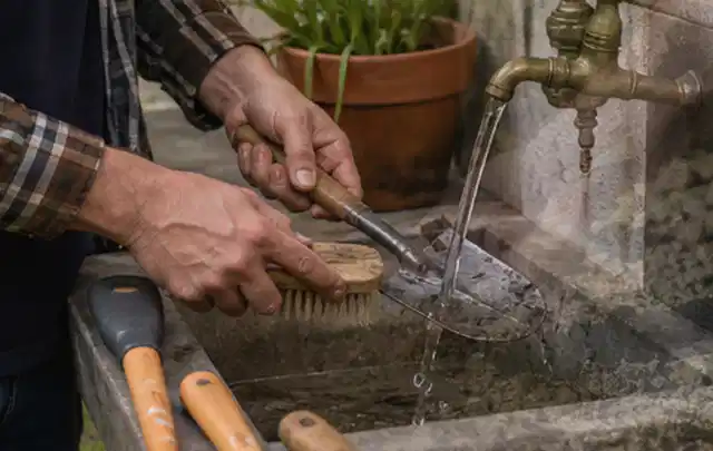 Hände reinigen gebrauchte Gartengeräte mit Bürste und Wasser am Außenbecken; Thema Bosch Indego, Schwerpunkt Systemvergleich; Ergebnis.