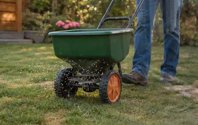 Person verteilt Rasensamen mit einem Streuwagen auf einer lückigen Fläche; Thema Bosch Indego, Schwerpunkt Testkriterien; Umsetzung.