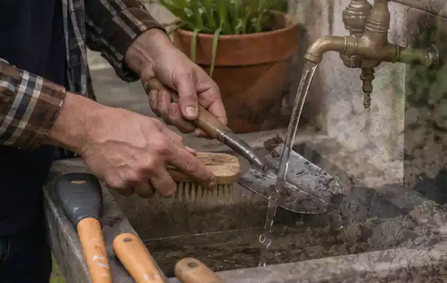 Hände reinigen gebrauchte Gartengeräte mit Bürste und Wasser am Außenbecken; Thema Bosch Indego, Schwerpunkt Testkriterien; Praxisalltag.