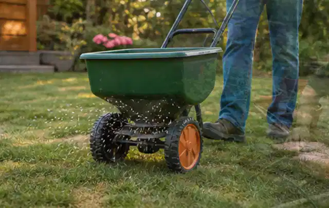 Person verteilt Rasensamen mit einem Streuwagen auf einer lückigen Fläche; Thema Bosch Indego, Schwerpunkt Vergleich; Umsetzung.