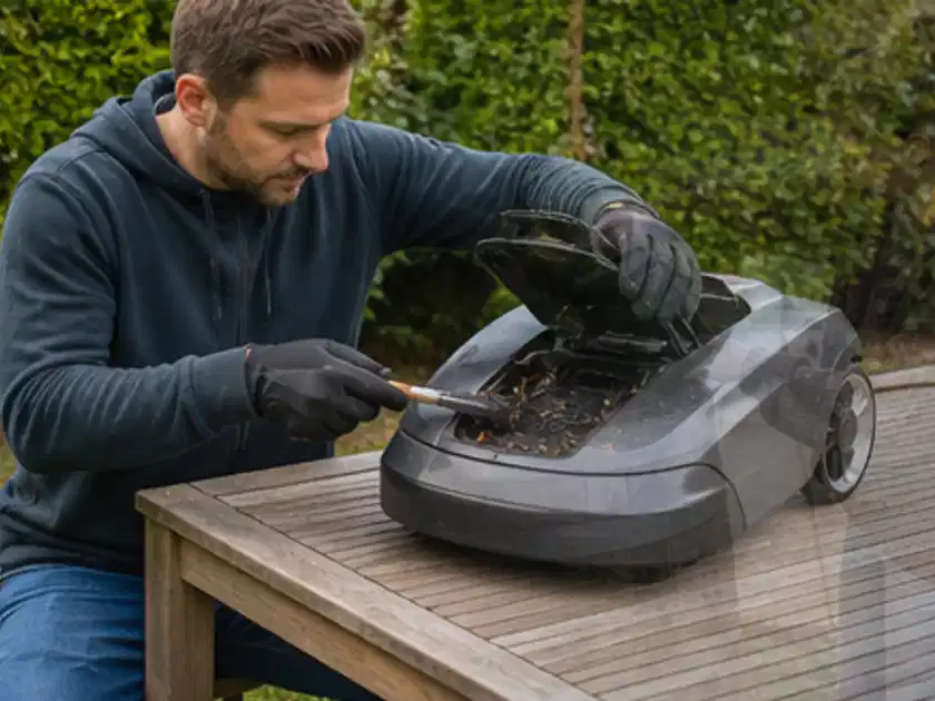 Person wartet einen geöffneten Mähroboter auf einem stabilen Gartentisch; Thema Bosch Indego, Schwerpunkt Wartung; Titelbild.