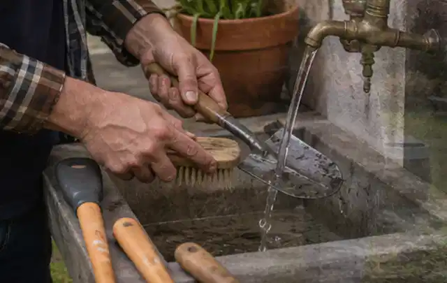 Hände reinigen gebrauchte Gartengeräte mit Bürste und Wasser am Außenbecken; Thema Bosch Indego, Schwerpunkt Wartung; Ausgangslage.