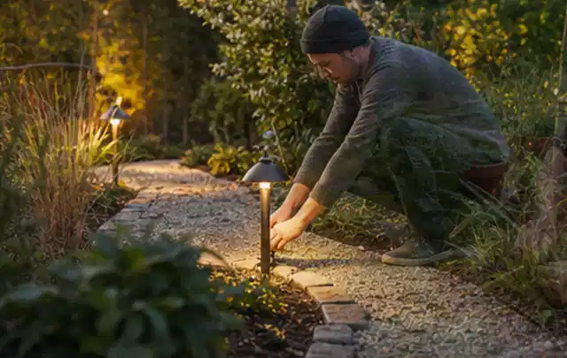 Person richtet eine niedrige warm leuchtende Gartenlampe am Kiesweg aus; Thema Bosch Indego, Schwerpunkt Wartung; Praxisalltag.