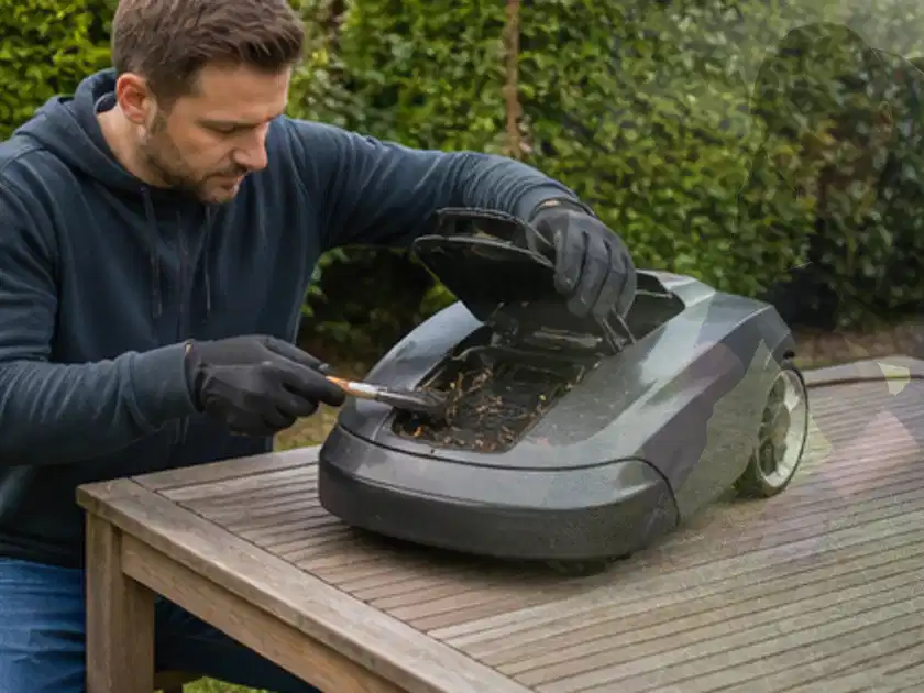 Person wartet einen geöffneten Mähroboter auf einem stabilen Gartentisch; Thema Bosch Indego, Schwerpunkt Winterlager; Titelbild.