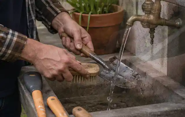 Hände reinigen gebrauchte Gartengeräte mit Bürste und Wasser am Außenbecken; Thema Bosch Indego, Schwerpunkt Winterlager; Praxisalltag.