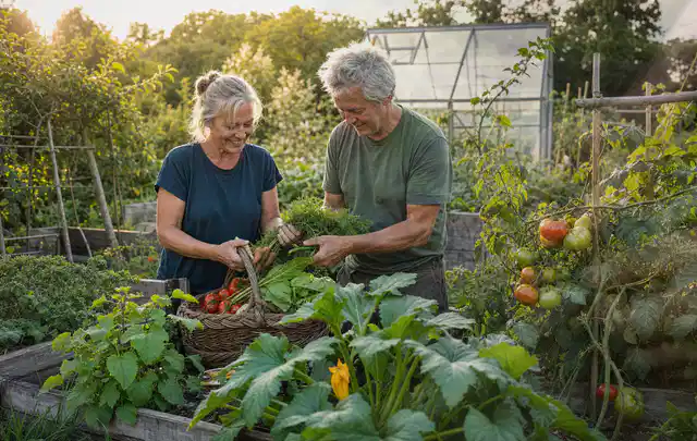 Zwei Personen ernten gemeinsam Gemüse in einem sonnigen Nutzgarten; Thema Brokkoli, Schwerpunkt Einsteigerwissen; Ausgangslage.