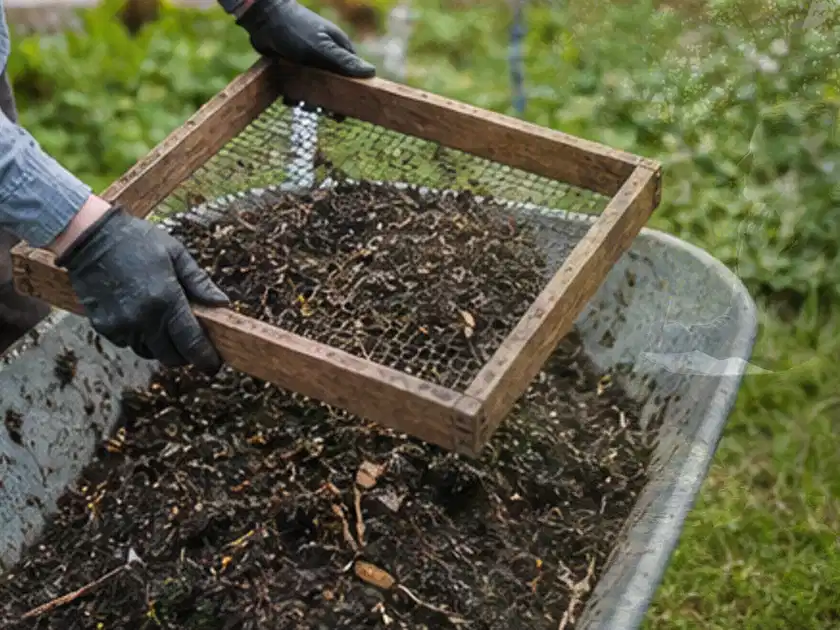 Behandschuhte Hände sieben reifen Kompost über einer Gartenschubkarre; Thema Brokkoli, Schwerpunkt Ernteprobleme; Titelbild.