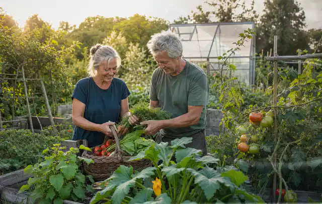 Zwei Personen ernten gemeinsam Gemüse in einem sonnigen Nutzgarten; Thema Brokkoli, Schwerpunkt Gesundheit; Ausgangslage.