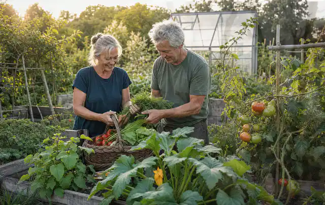 Zwei Personen ernten gemeinsam Gemüse in einem sonnigen Nutzgarten; Thema Brokkoli, Schwerpunkt Pflanzenschutz; Umsetzung.