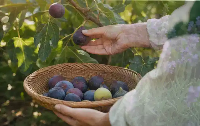 Hand pflückt eine reife Feige über einem flachen Korb mit Früchten; Thema Brombeeren, Schwerpunkt Anbau; Ergebnis.
