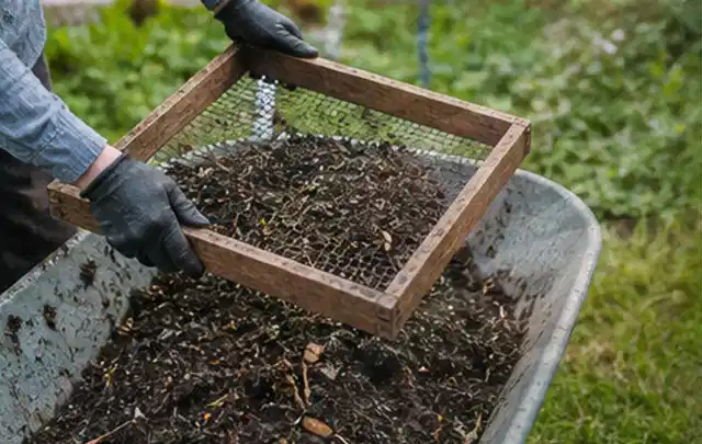 Behandschuhte Hände sieben reifen Kompost über einer Gartenschubkarre; Thema Brombeeren, Schwerpunkt Aussaat; Ausgangslage.