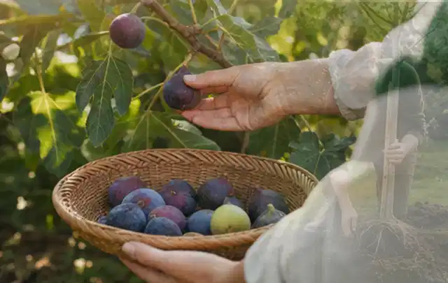 Hand pflückt eine reife Feige über einem flachen Korb mit Früchten; Thema Brombeeren, Schwerpunkt Aussaat; Kontrolle.
