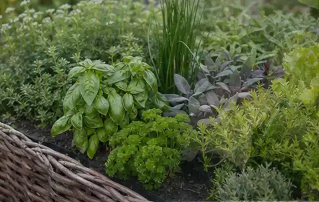 Dichtes Hochbeet mit Basilikum Schnittlauch Petersilie Salbei und weiteren Küchenkräutern; Thema Brombeeren, Schwerpunkt Aussaat; Ergebnis.