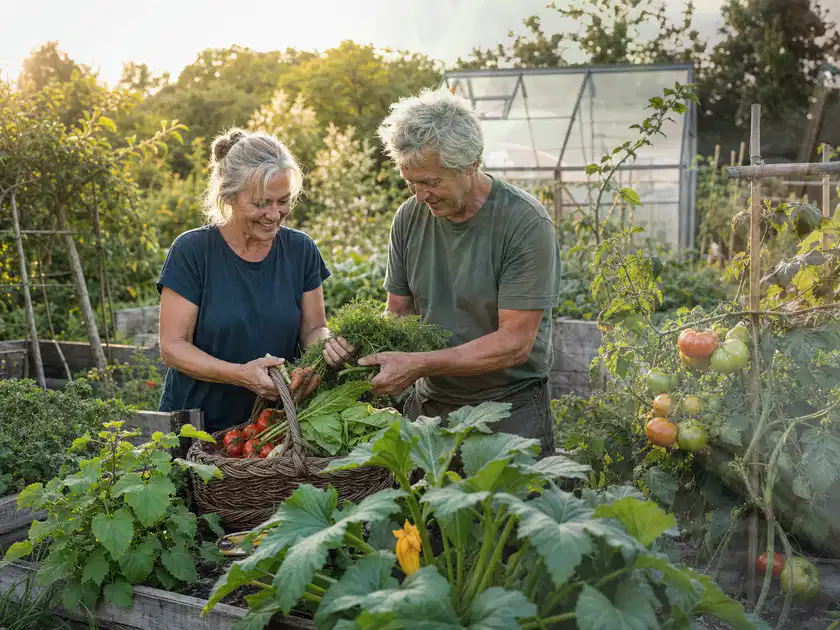 Zwei Personen ernten gemeinsam Gemüse in einem sonnigen Nutzgarten; Thema Brombeeren, Schwerpunkt Balkongarten; Titelbild.