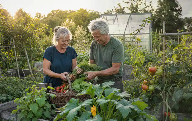 Zwei Personen ernten gemeinsam Gemüse in einem sonnigen Nutzgarten; Thema Brombeeren, Schwerpunkt Bewässerung; Ergebnis.