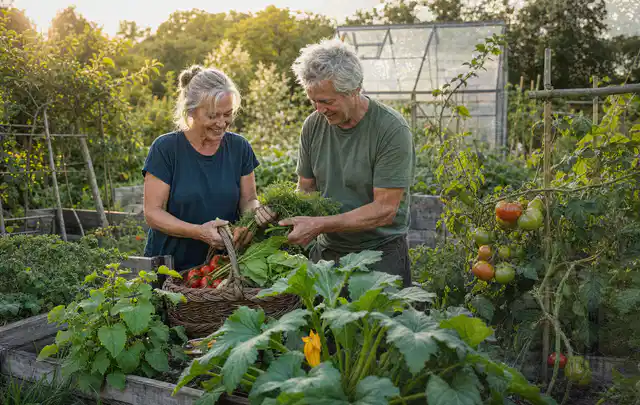 Zwei Personen ernten gemeinsam Gemüse in einem sonnigen Nutzgarten; Thema Brombeeren, Schwerpunkt Einsteigerwissen; Praxisalltag.