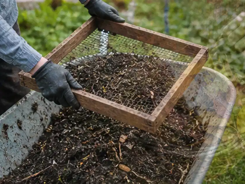Behandschuhte Hände sieben reifen Kompost über einer Gartenschubkarre; Thema Brombeeren, Schwerpunkt Ernte; Titelbild.