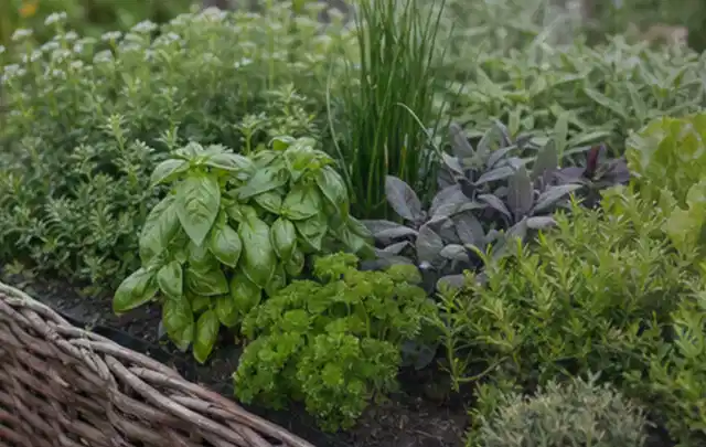 Dichtes Hochbeet mit Basilikum Schnittlauch Petersilie Salbei und weiteren Küchenkräutern; Thema Brombeeren, Schwerpunkt Ernte; Umsetzung.