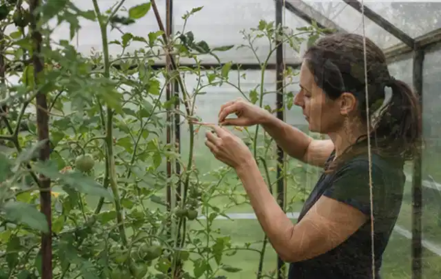 Person bindet junge Tomatentriebe in einem privaten Gewächshaus vorsichtig an; Thema Brombeeren, Schwerpunkt Ernte; Kontrolle.