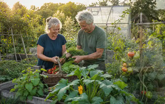 Zwei Personen ernten gemeinsam Gemüse in einem sonnigen Nutzgarten; Thema Brombeeren, Schwerpunkt Ernte; Praxisalltag.
