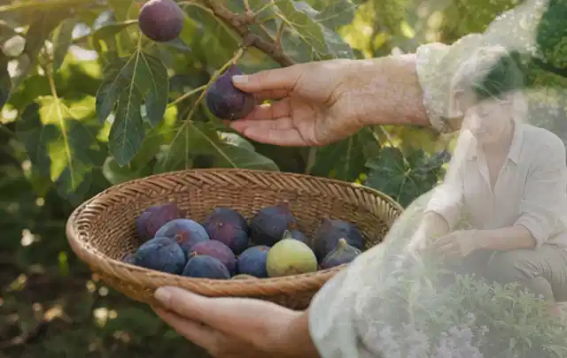 Hand pflückt eine reife Feige über einem flachen Korb mit Früchten; Thema Brombeeren, Schwerpunkt Pflanzenschutz; Kontrolle.