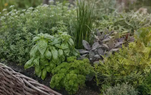 Dichtes Hochbeet mit Basilikum Schnittlauch Petersilie Salbei und weiteren Küchenkräutern; Thema Brombeeren, Schwerpunkt Pflanzung; Ausgangslage.