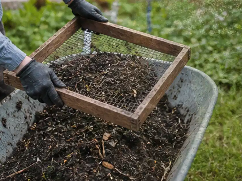 Behandschuhte Hände sieben reifen Kompost über einer Gartenschubkarre; Thema Brombeeren, Schwerpunkt Saisonkalender; Titelbild.