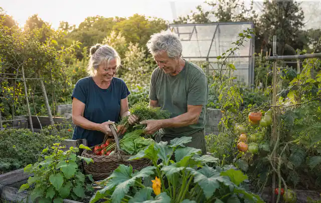 Zwei Personen ernten gemeinsam Gemüse in einem sonnigen Nutzgarten; Thema Brombeeren, Schwerpunkt Saisonkalender; Praxisalltag.
