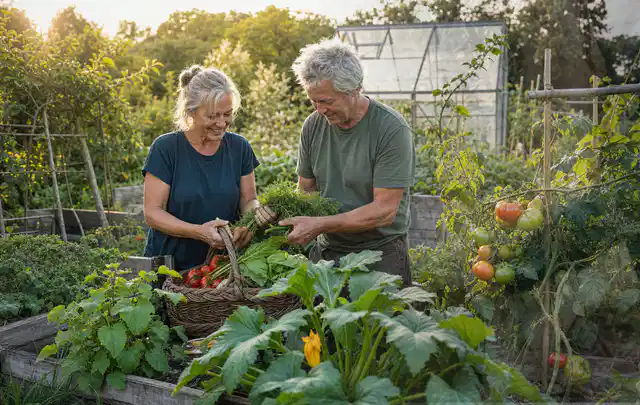 Zwei Personen ernten gemeinsam Gemüse in einem sonnigen Nutzgarten; Thema Brombeeren, Schwerpunkt Standort; Ergebnis.