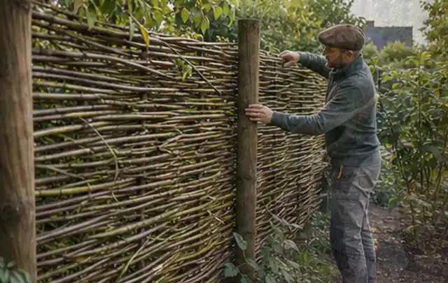 Person befestigt geflochtene Weidenruten an stabilen Holzpfosten im Garten; Thema Carports, Schwerpunkt Aufbau; Ausgangslage.