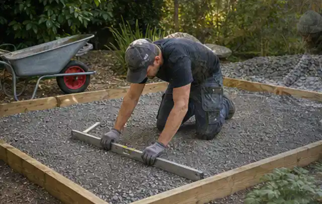 Person richtet eine verdichtete Kiesfläche mit Wasserwaage und Abziehlatte aus; Thema Carports, Schwerpunkt Aufbau; Umsetzung.