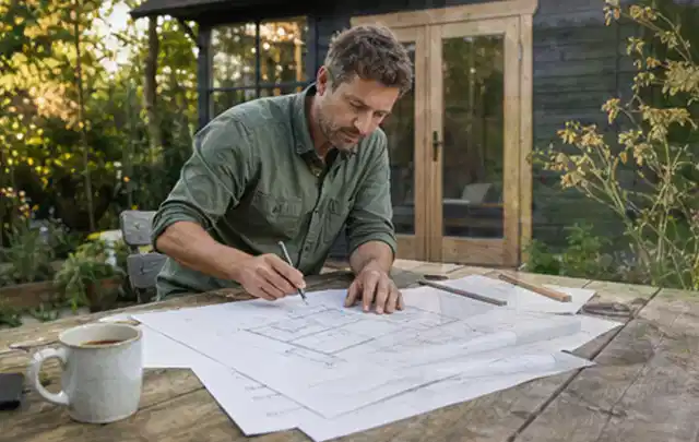Person prüft Bauzeichnungen an einem Gartentisch vor einem kleinen Gartenhaus; Thema Carports, Schwerpunkt Aufbau; Praxisalltag.