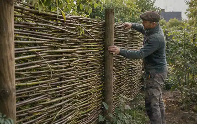 Person befestigt geflochtene Weidenruten an stabilen Holzpfosten im Garten; Thema Carports, Schwerpunkt Baurecht; Ausgangslage.