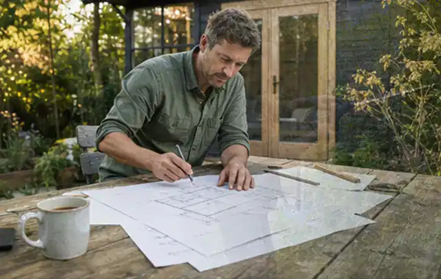 Person prüft Bauzeichnungen an einem Gartentisch vor einem kleinen Gartenhaus; Thema Carports, Schwerpunkt Baurecht; Umsetzung.