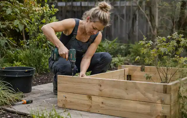 Person montiert ein massives Hochbeet aus unbehandeltem Holz im Garten; Thema Carports, Schwerpunkt Baurecht; Kontrolle.