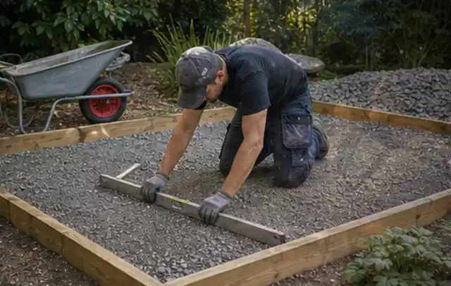 Person richtet eine verdichtete Kiesfläche mit Wasserwaage und Abziehlatte aus; Thema Carports, Schwerpunkt Baurecht; Praxisalltag.