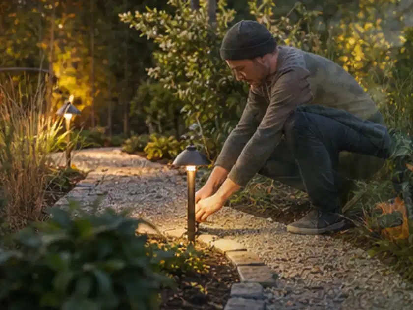Person richtet eine niedrige warm leuchtende Gartenlampe am Kiesweg aus; Thema Carports, Schwerpunkt Checkliste; Titelbild.