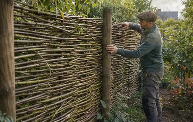 Person befestigt geflochtene Weidenruten an stabilen Holzpfosten im Garten; Thema Carports, Schwerpunkt Checkliste; Ausgangslage.