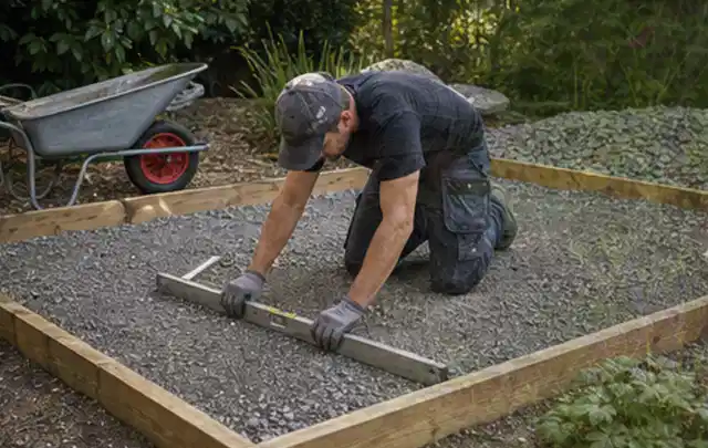 Person richtet eine verdichtete Kiesfläche mit Wasserwaage und Abziehlatte aus; Thema Carports, Schwerpunkt Checkliste; Umsetzung.