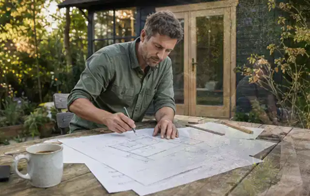 Person prüft Bauzeichnungen an einem Gartentisch vor einem kleinen Gartenhaus; Thema Carports, Schwerpunkt Checkliste; Kontrolle.
