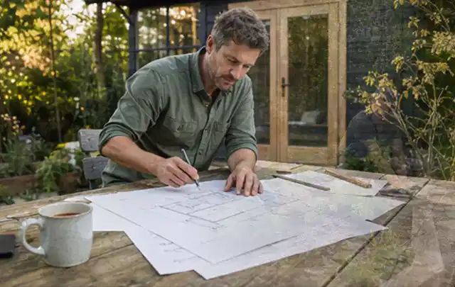 Person prüft Bauzeichnungen an einem Gartentisch vor einem kleinen Gartenhaus; Thema Carports, Schwerpunkt Dimensionierung; Ausgangslage.
