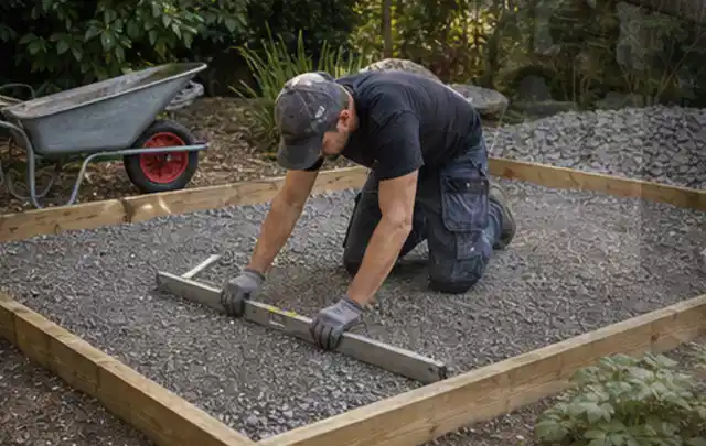 Person richtet eine verdichtete Kiesfläche mit Wasserwaage und Abziehlatte aus; Thema Carports, Schwerpunkt Dimensionierung; Ergebnis.