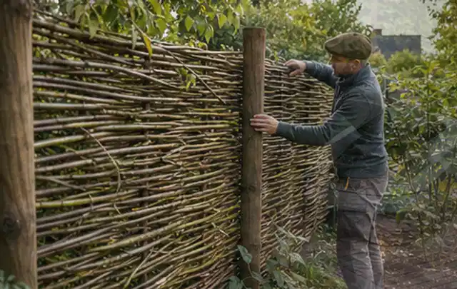 Person befestigt geflochtene Weidenruten an stabilen Holzpfosten im Garten; Thema Carports, Schwerpunkt Dimensionierung; Praxisalltag.
