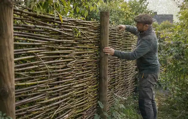 Person befestigt geflochtene Weidenruten an stabilen Holzpfosten im Garten; Thema Carports, Schwerpunkt DIY; Ausgangslage.