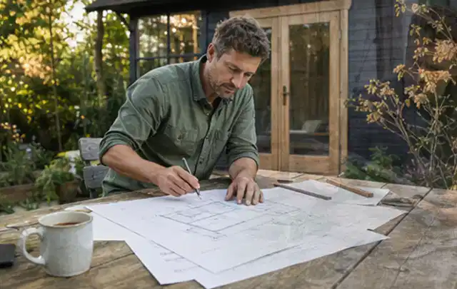 Person prüft Bauzeichnungen an einem Gartentisch vor einem kleinen Gartenhaus; Thema Carports, Schwerpunkt DIY; Umsetzung.