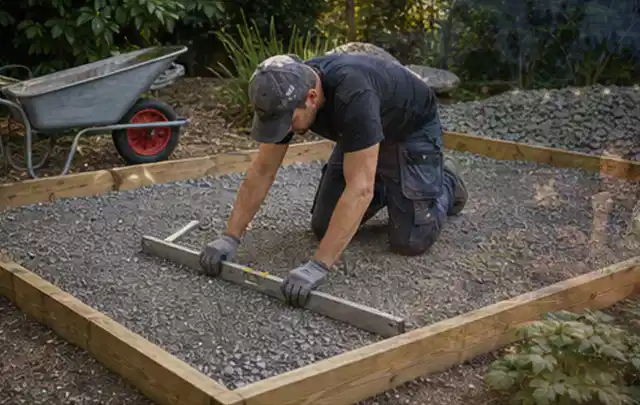 Person richtet eine verdichtete Kiesfläche mit Wasserwaage und Abziehlatte aus; Thema Carports, Schwerpunkt DIY; Kontrolle.