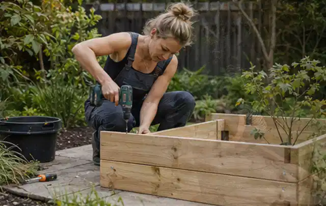 Person montiert ein massives Hochbeet aus unbehandeltem Holz im Garten; Thema Carports, Schwerpunkt DIY; Ergebnis.