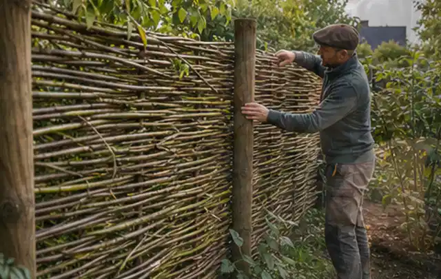 Person befestigt geflochtene Weidenruten an stabilen Holzpfosten im Garten; Thema Carports, Schwerpunkt Fehlerhilfe; Umsetzung.
