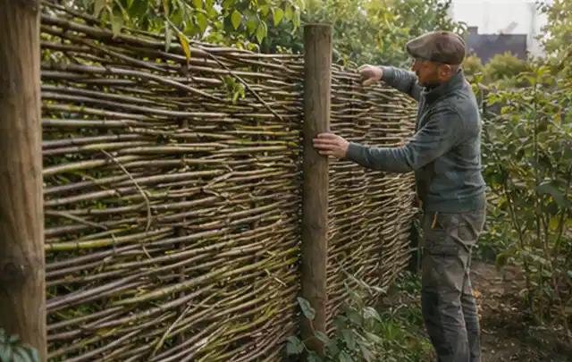 Person befestigt geflochtene Weidenruten an stabilen Holzpfosten im Garten; Thema Carports, Schwerpunkt Fundament; Umsetzung.